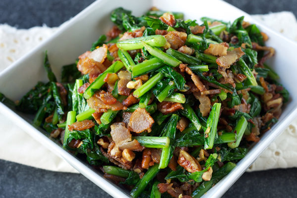 Sautéed turnip greens with bacon and pecans